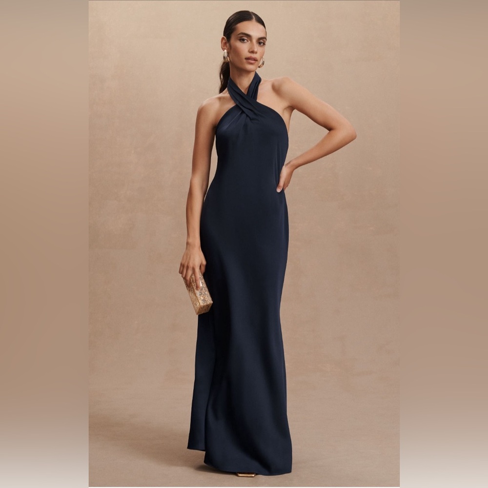 BHLDN Ruby Twist Halter Satin Gown as seen on Anthropologie Revolve Net-a-Porter